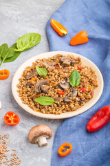 Spelt (dinkel wheat) porridge with vegetables and mushrooms on ceramic plate on a gray concrete background. Side view, close up.