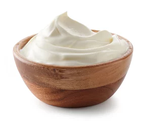 Fotobehang wooden bowl of whipped sour cream yogurt © Mara Zemgaliete