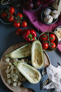 Aubergine being prepared for stuffing.