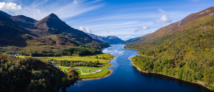 aerial view of loch linnhe in summer near duror and ballachulish and glencoe in the argyll region of the highlands of scotland showing blue water and green fertile coast line