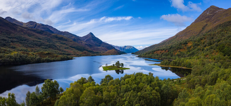 aerial view of loch linnhe in summer near duror and ballachulish and glencoe in the argyll region of the highlands of scotland showing blue water and green fertile coast line