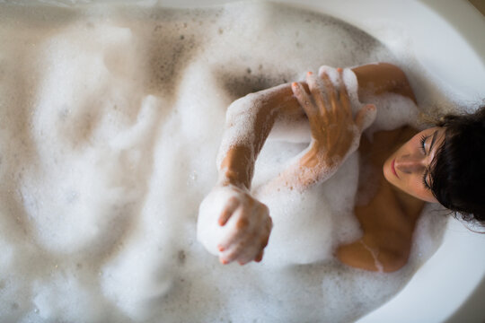 Overhead Shot of a Woman Taking Bubble Bath