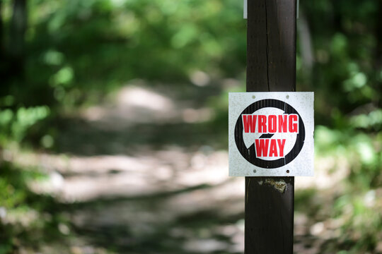 A Wrong Way Sign On A Forest Trail