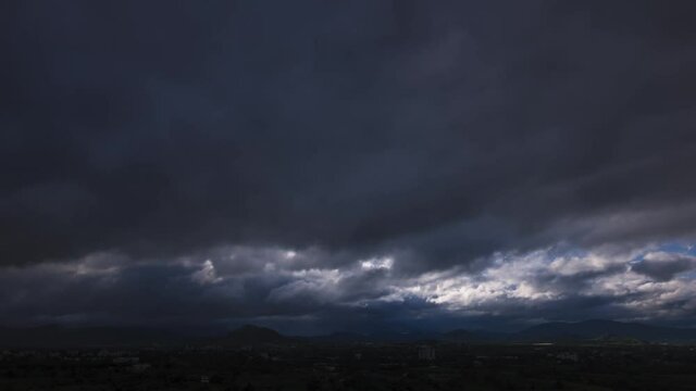 Sun rays through the dense dark cloud, cloudsacpe timelapse movie