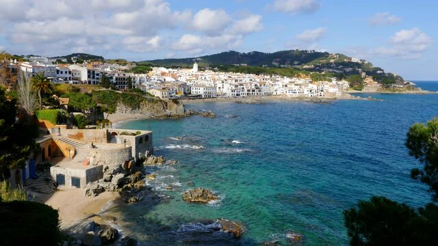Panoramic view of coast of Llafranc Palafrugell, Spain, 4k