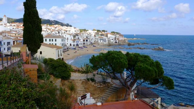 Panoramic view of coast of Llafranc Palafrugell, Spain, 4k