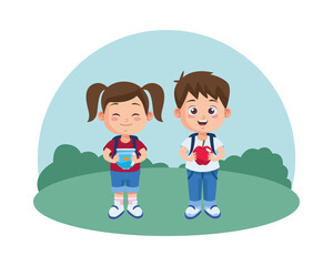 cute little girl with aquarium and boy lifting apple