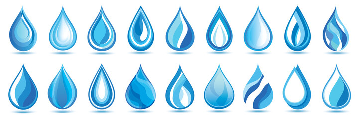 Set of stylized blue water drops over white