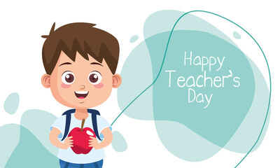 cute little boy student with apple and teachers day lettering