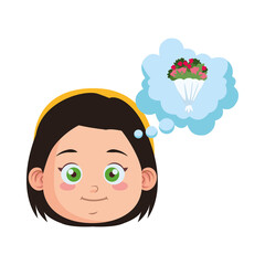 cute little girl student head thinking in flowers bouquet character