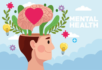 mental health day man profile and heart in brain with icons