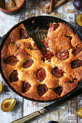 Delicious autumn plum pie. New York Time plum pie recipe. Selective focus. Macro.