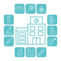 hospital building and covid test icon set, line style