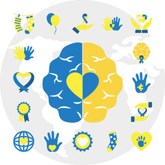 icon set of brain and down syndrome, silhouette style