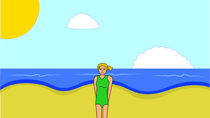 Young blond girl on the beach on sunny day. Vector illustration.