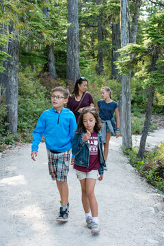 Fashionable Family Hiking In The Woods