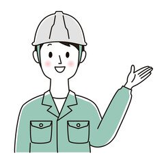 案内する作業服の男性