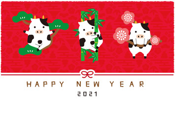 年賀状2021　松竹梅　牛　赤背景