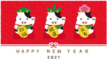 年賀状2021　招き猫　松竹梅の牛　赤背景