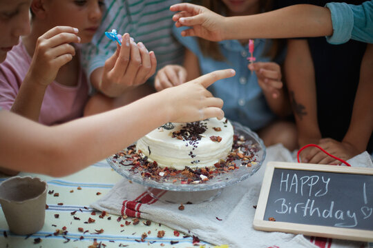 Close up of a birthday cake and children taking the candles of