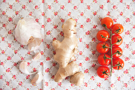 close up of ingredients on vintage style floral tablecloth
