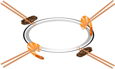 Chopsticks, grilled pork, shrimp, squid, shellfish and vegetable background