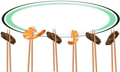 Chopsticks, grilled pork, shrimp, squid, shellfish and vegetable background