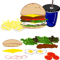 Fast food, burger, french fries, cheese drinking glass vector illustration. American street food
