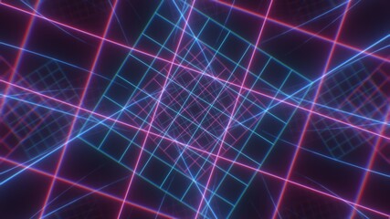 Retro Neon Grid Twist Tunnel of 80s Hot Pink Blue Glow Laser Lights - Abstract Background Texture
