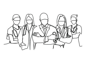 Medical staff doctors and nurses wearing surgical mask. Continuous one line drawing, vector illustration