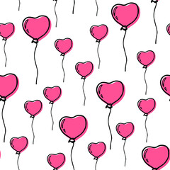 Fototapeta na wymiar Happy Valentine’s Day seamless pattern with pink balloons. Hand drawn with ink and brush, sketchy doodle style heart shape decoration. Love symbol. For fabric, textile, wallpaper. Vector illustration