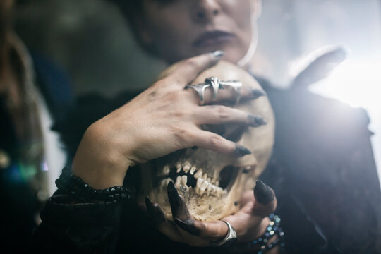 skull, Halloween witch performing a ritual