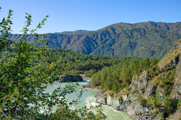 The Chuya River among mountains in Mountain Altai of Russia a beautiful landscape
