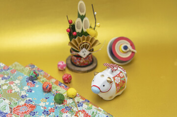 正月　干支　牛　門松　 コマ飾り