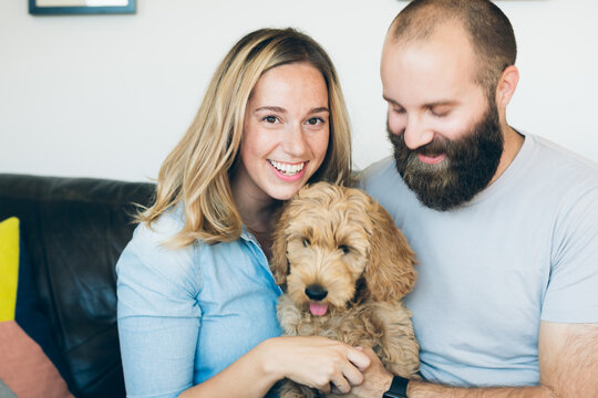 Happy Young Couple Sitting On Couch With Pet Labradoodle Puppy