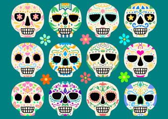 メキシコ　死者の日　アイコン　セット　Day of the Dead 　vector sugar skulls icon