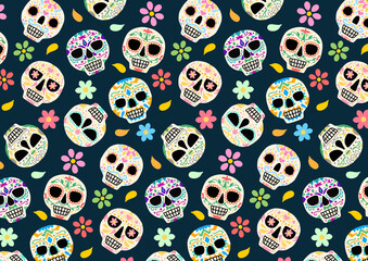 メキシコ　死者の日　シームレスパターン　背景　Day of the Dead seamless vector pattern sugar skulls  flowers background