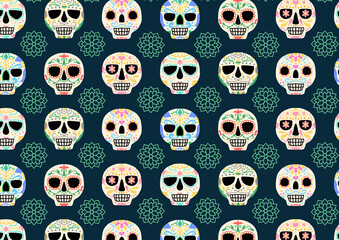 メキシコ　死者の日　シームレスパターン　背景　Day of the Dead seamless vector pattern sugar skulls  flowers background