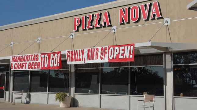 San Marcos, CA / USA - September 24, 2020: Humorous Reopening Sign On Pizza Nova Store, After Much Back And Forth With California Restrictions