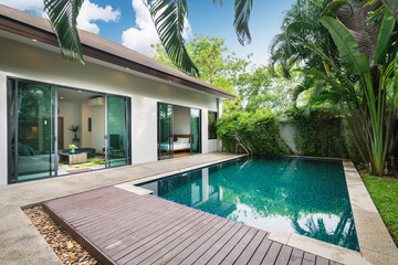 Exterior design of house, home and villa feature swimming pool, garden, terrace and decking