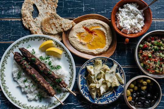 Traditional Middle Eastern lamb kefta dinner