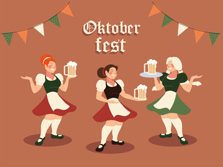 oktoberfest women with traditional cloth beer and banner pennant vector design