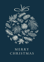 Winter card with winter plants. Christmas ball. Vector illustration. Classic Blue background and white greeting.