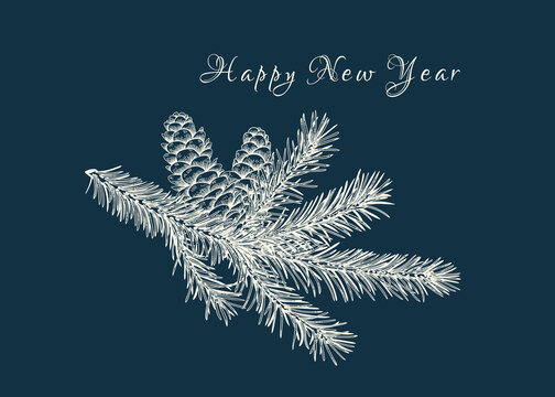 Winter card with fir branch and cones. New year illustration. Botanical vector. Classic Blue background and white greeting.