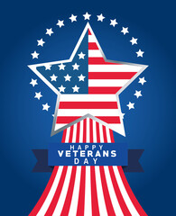 happy veterans day lettering with usa flag in star and ribbon frame