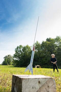 Creative Little Boy Rocket Scientist Home Made Model Rocket On Launch Pad