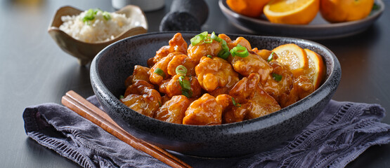 bowl of chinese orange chicken on table top