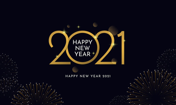 Happy new year 2021 typography text celebration social media poster vector design. Professional elegant golden customized number with fireworks explosion on dark sky background.