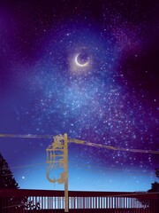 landscape of moon and thousands of stars in night sky with electric pole's silhouette	