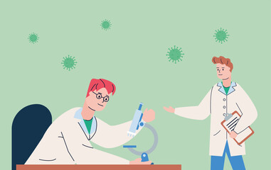 male scientifics with microscope research vaccine